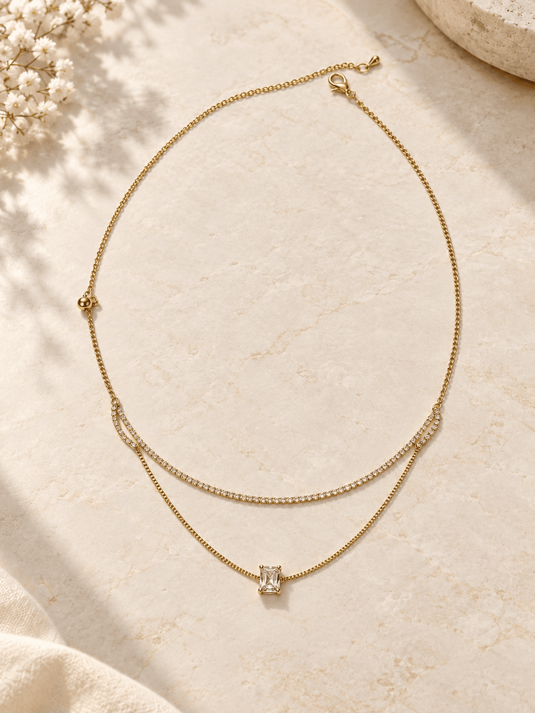 Emerald Solitaire Tennis Layered Necklace — hero